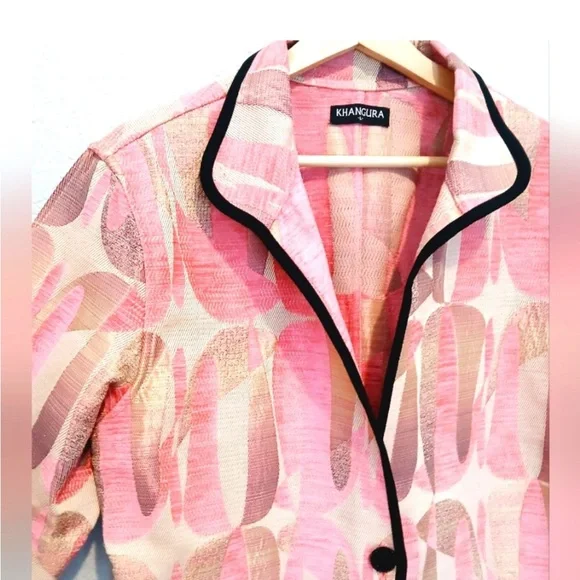 Khangura Pink, Cream & Tan Tapestry Pattern Blazer Black Trim Sz Large Like New - Picture 4 of 9